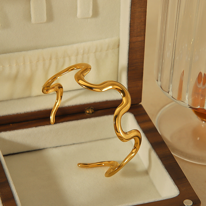 Simple Sea Wave 18K Gold Stainless Steel Open Bangle