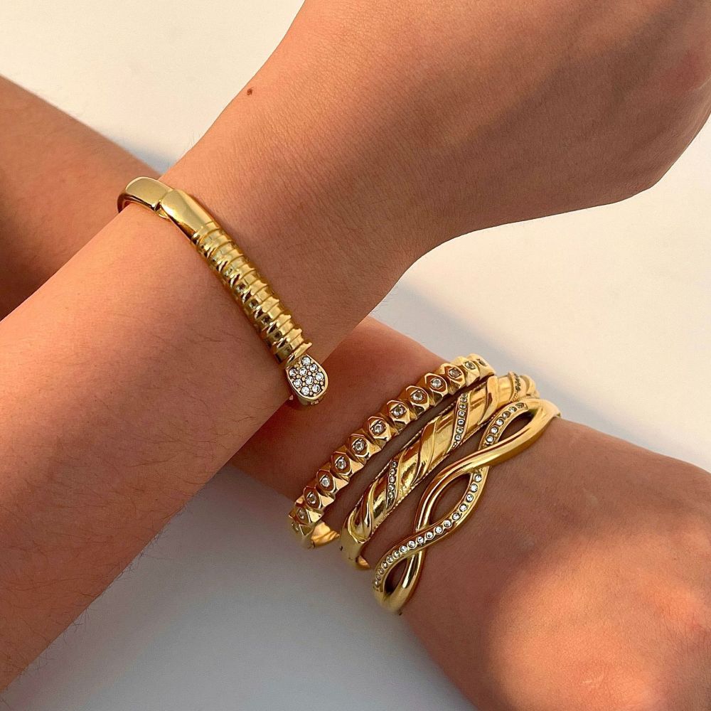 White Rhinestone Bangle 18K Gold Plated Stainless Steel