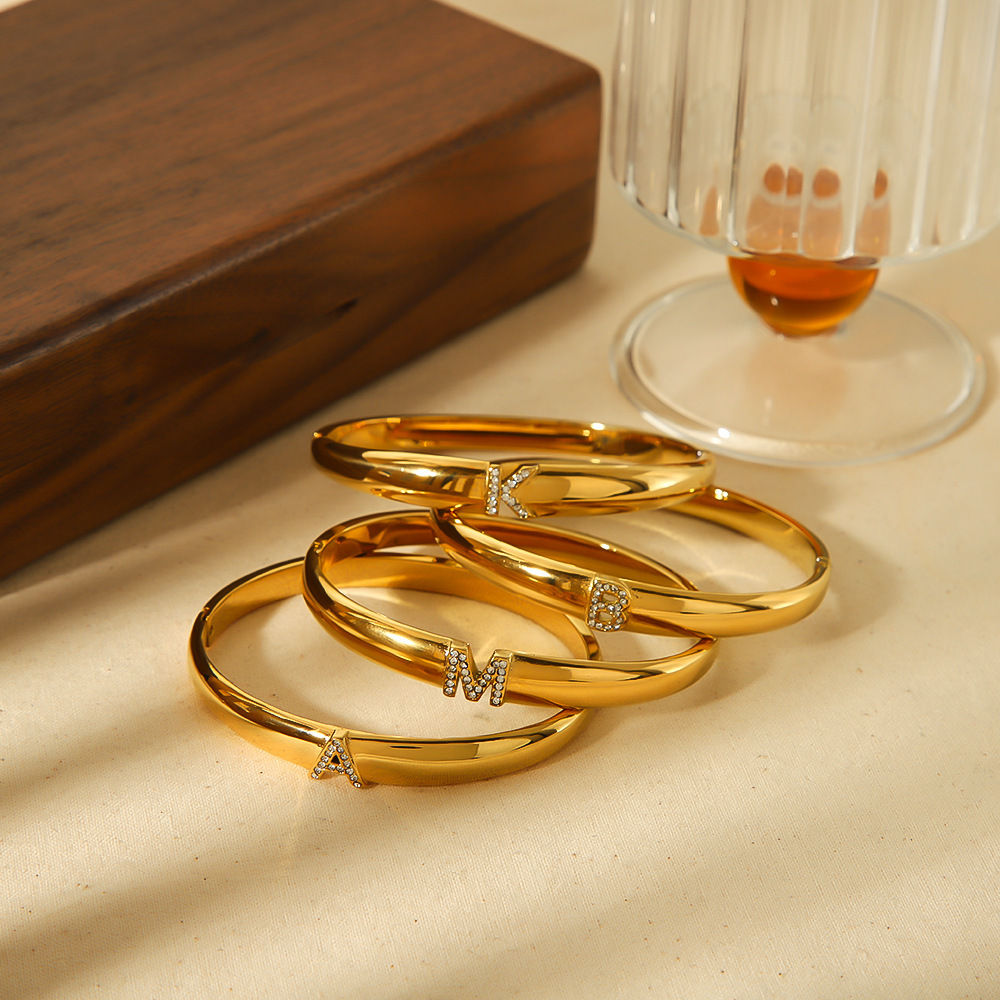Rhinestone Letter Bangle in Gold Plated Stainless Steel