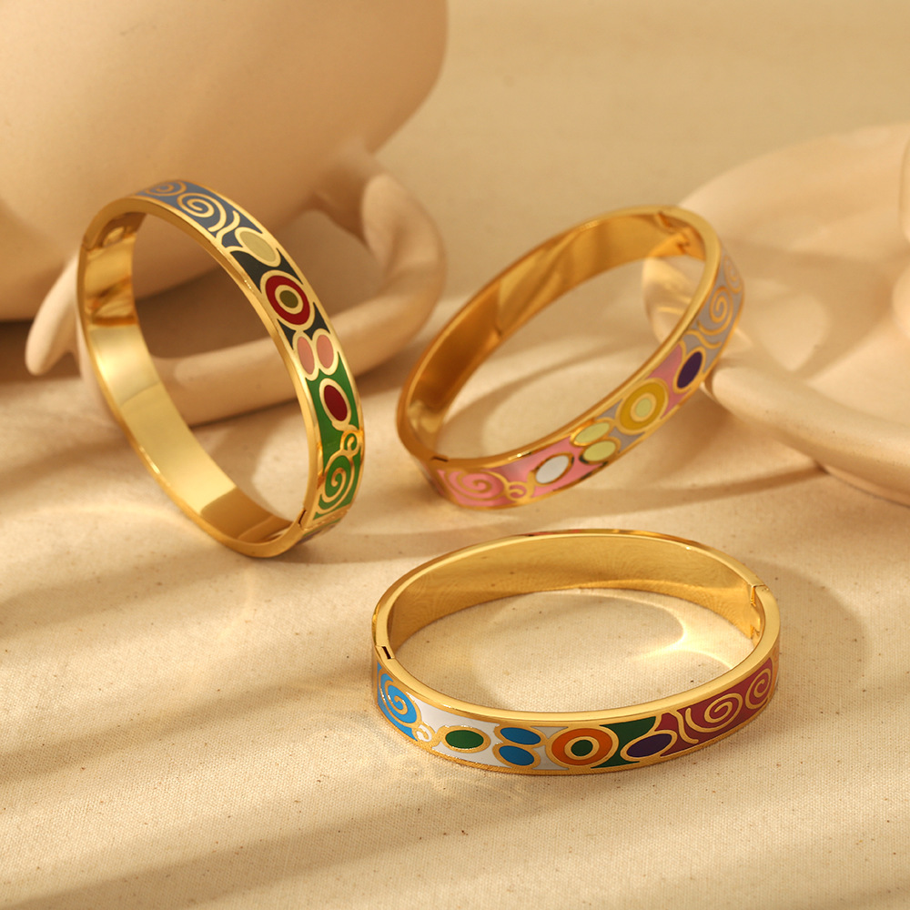Vintage PVD Coated Enamel Clip-On Bangle Stainless Steel