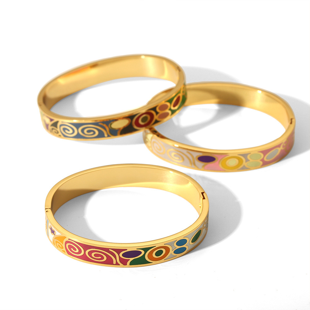 Vintage PVD Coated Enamel Clip-On Bangle Stainless Steel