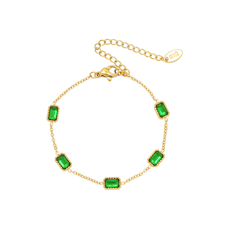 18K Electroplated Stainless Steel Bracelet With Green Zirconia
