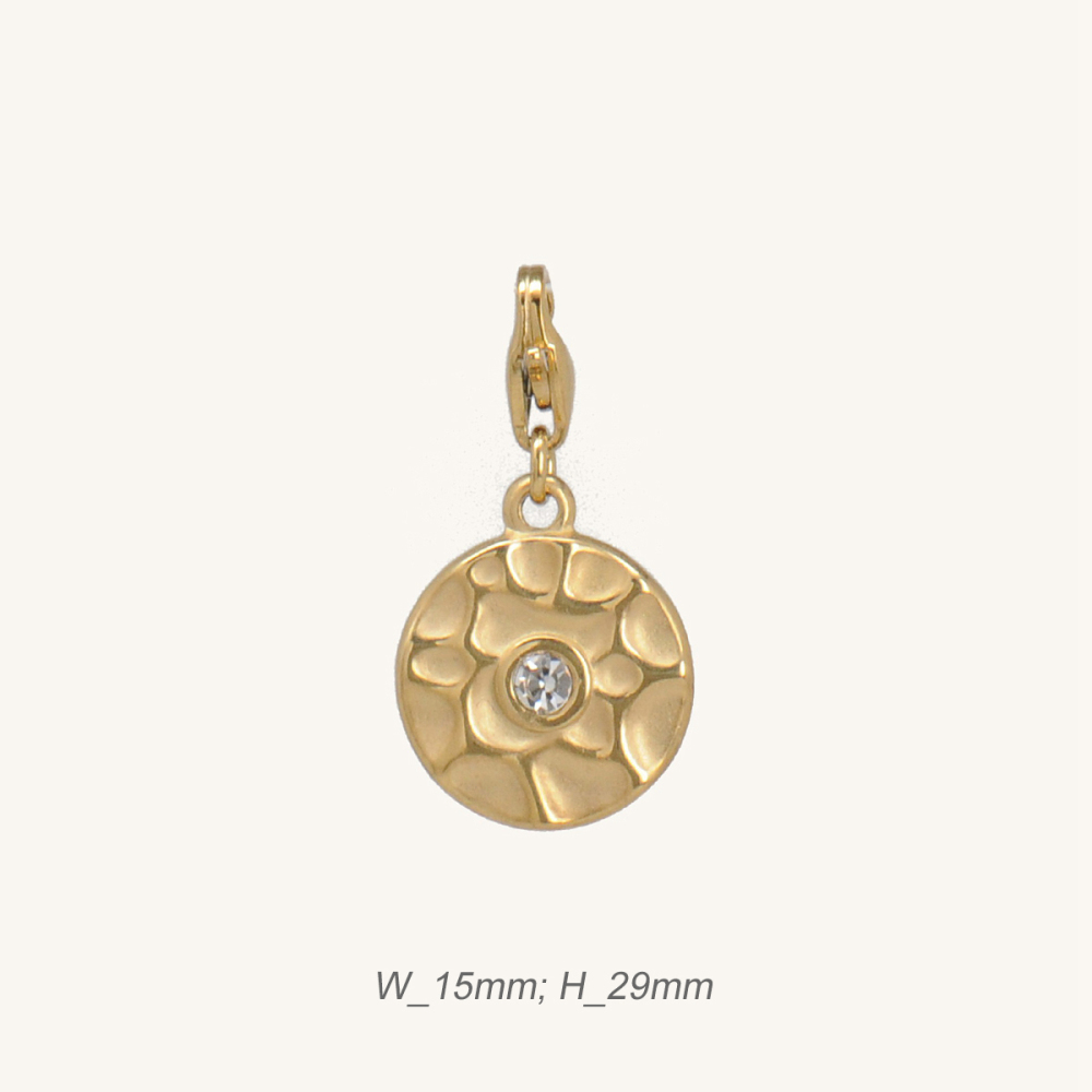 Stainless Steel Round Hammered Pendant with Rhinestones /  Pendentif Rond