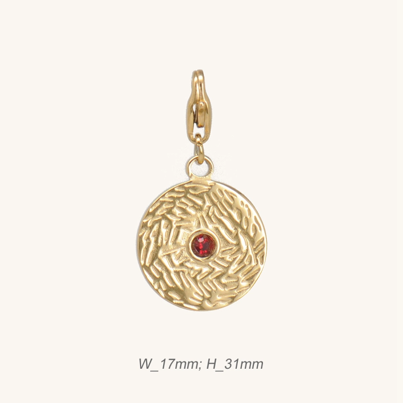 Round Pendant with Red Garnet in Staineless Steel  / Pendentif Grenat