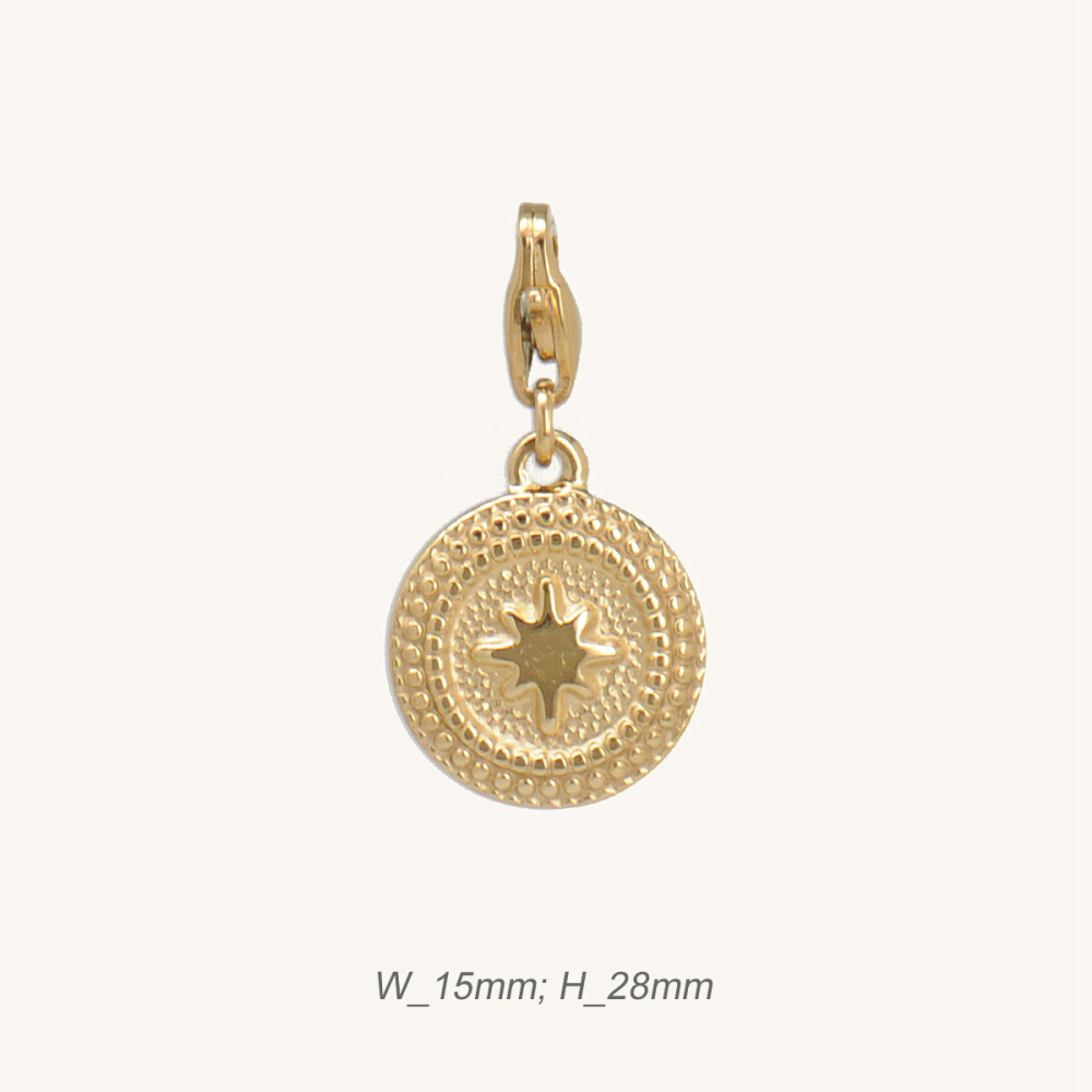 Star Motif Round Pendant Stainless Steel  / Breloque étoile