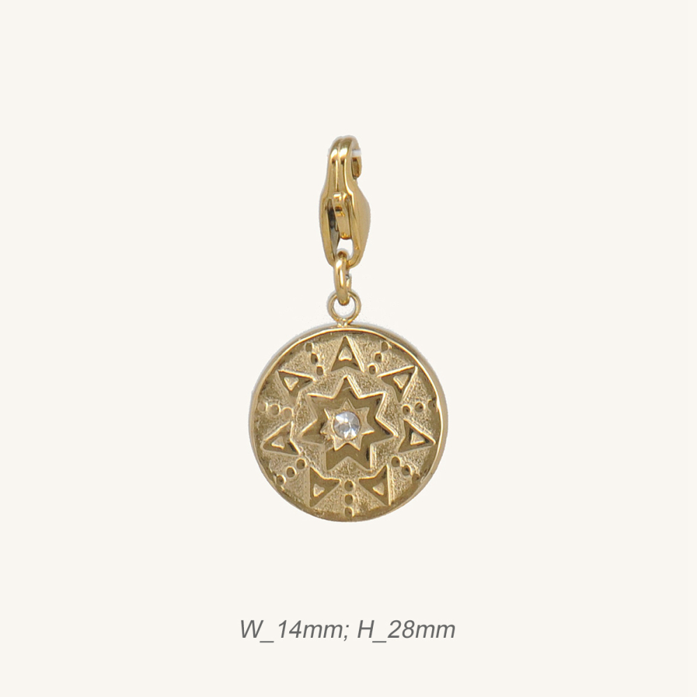 Gold Plated Coin Pendant Star Element Stainless Steel with Rhinestones