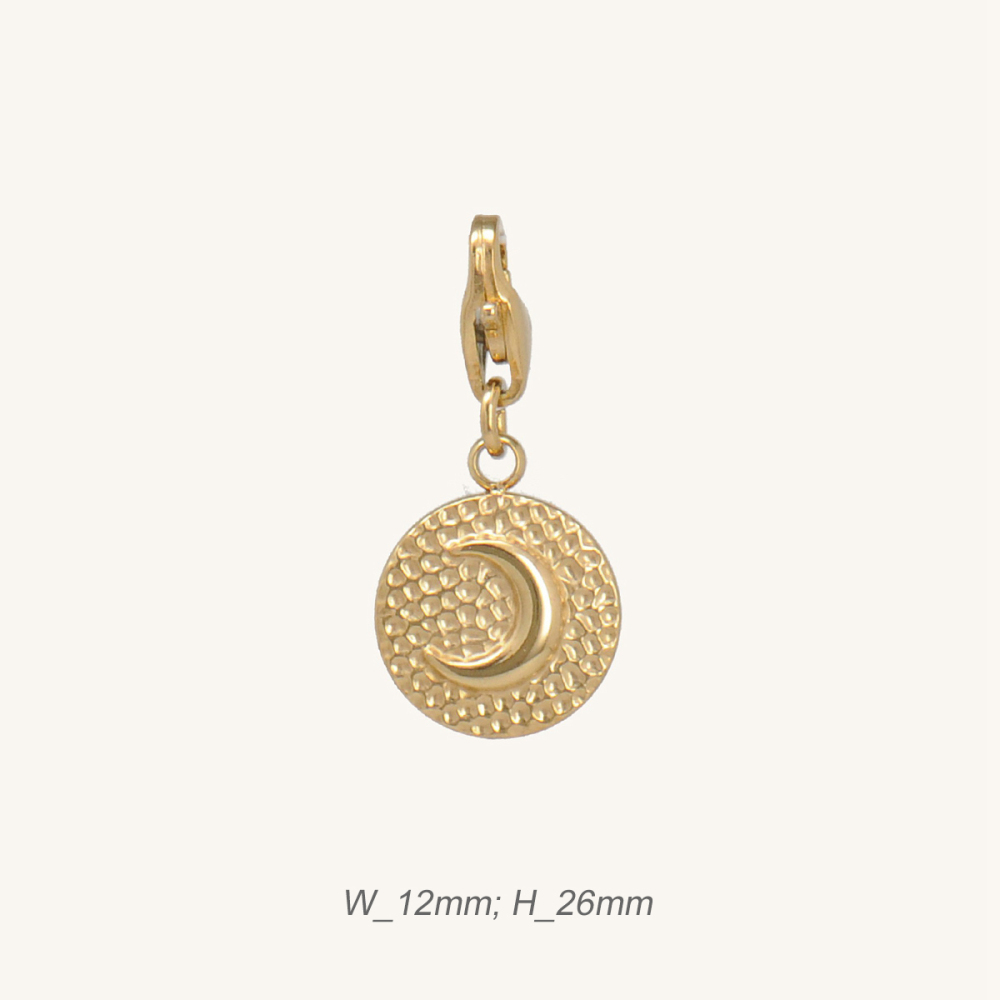 Shiny PVD Coated Round Irregular Hammered Pendant with Raised Moon Stainless Ste