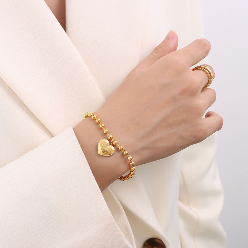 Simple 18K Beaded Bracelet with Heart Bracelet in Stainless Steel
