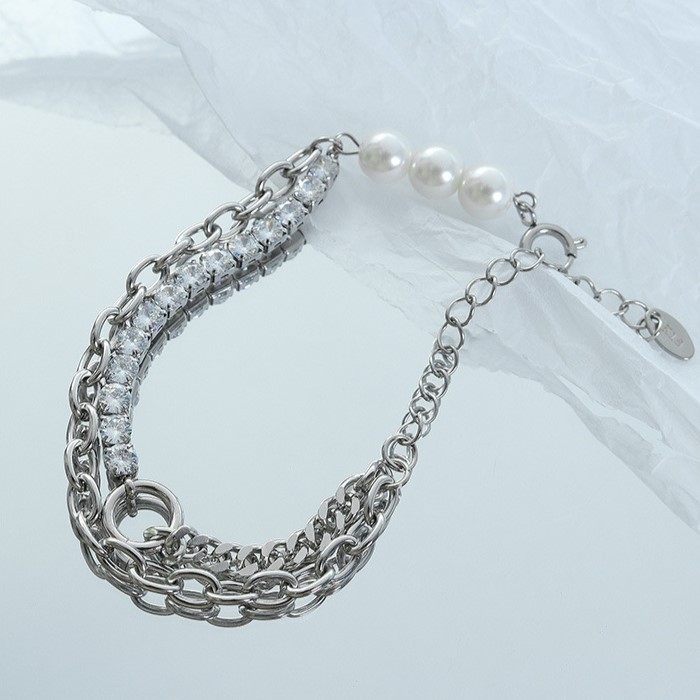 Personalised Double Layers Bracelet Pearls and Set Zirconia Stainless Steel 18k Gold Plated