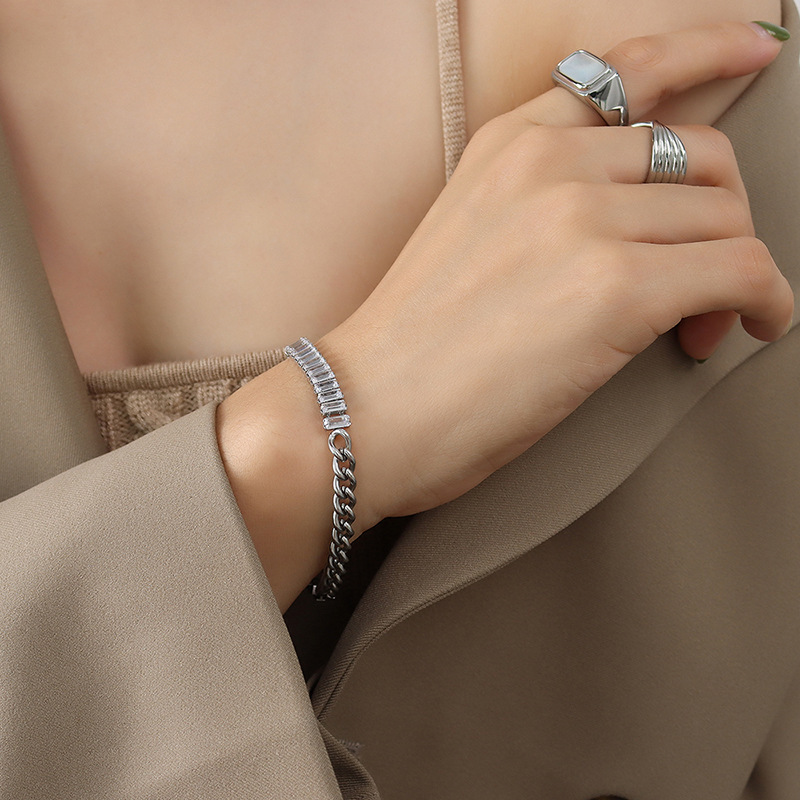 316L Stainless Steel Bracelet with White Square Zircon (Color in Gold or Silver)