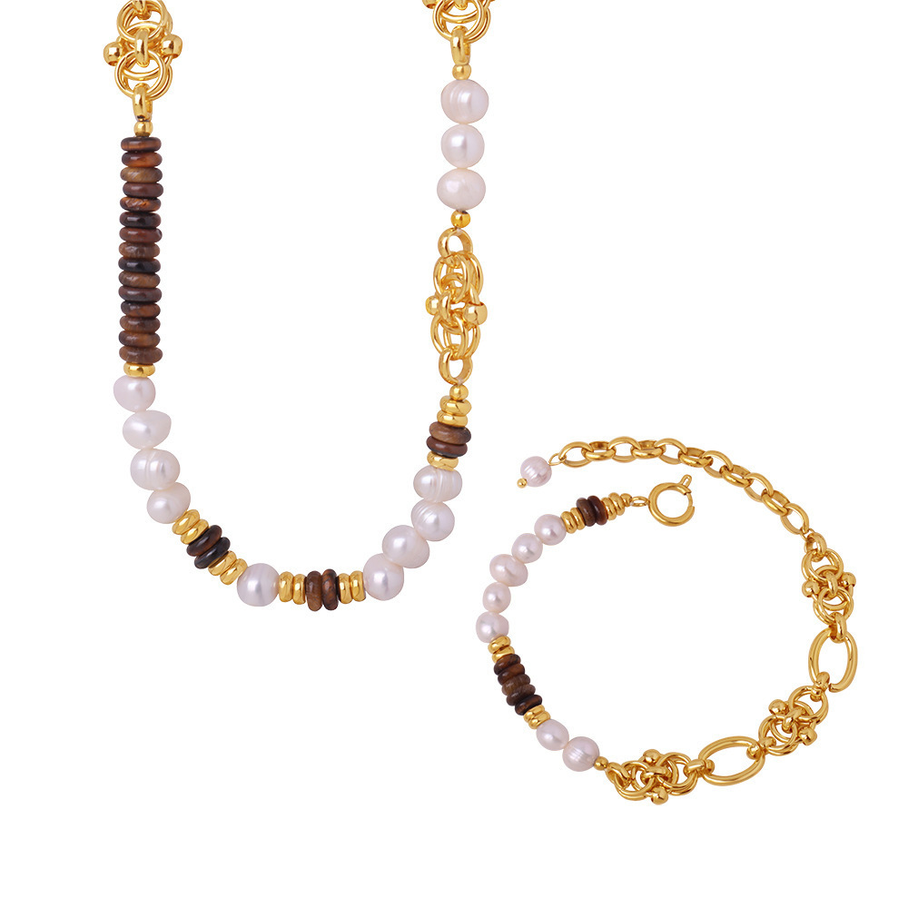 Vintage Natural Tiger Eye and Stone Freshwater Pearl Beaded Bracelet Stainless Steel