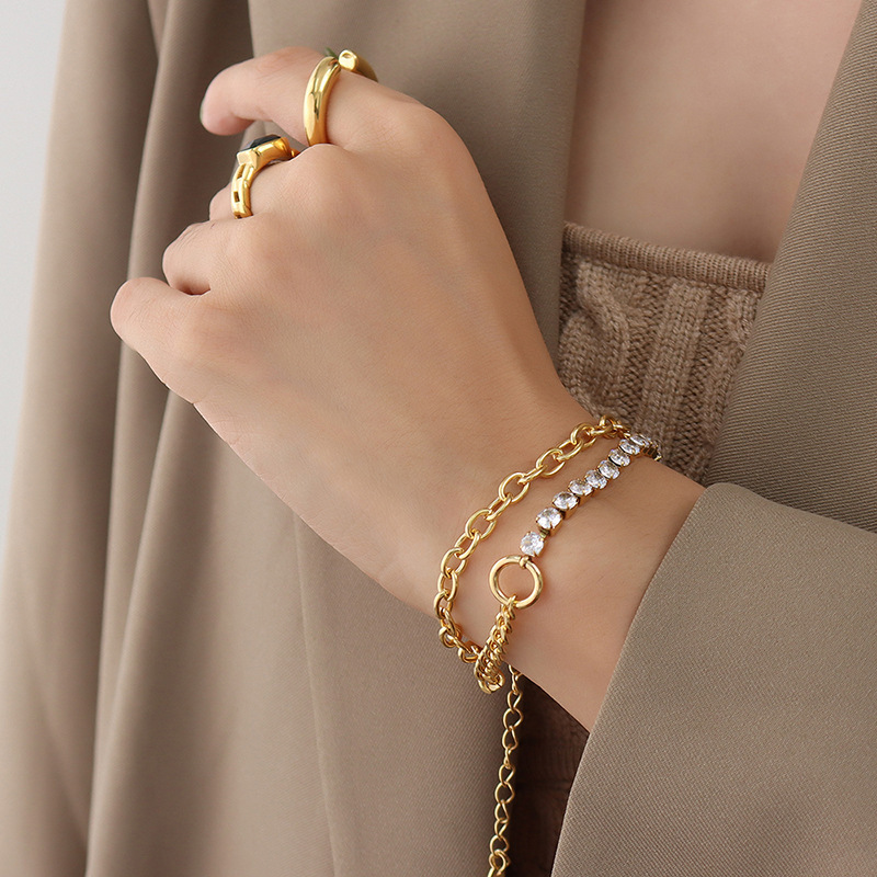 Personalised Double Layers Bracelet Pearls and Set Zirconia Stainless Steel 18k Gold Plated