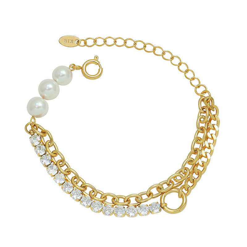 Personalised Double Layers Bracelet Pearls and Set Zirconia Stainless Steel 18k Gold Plated