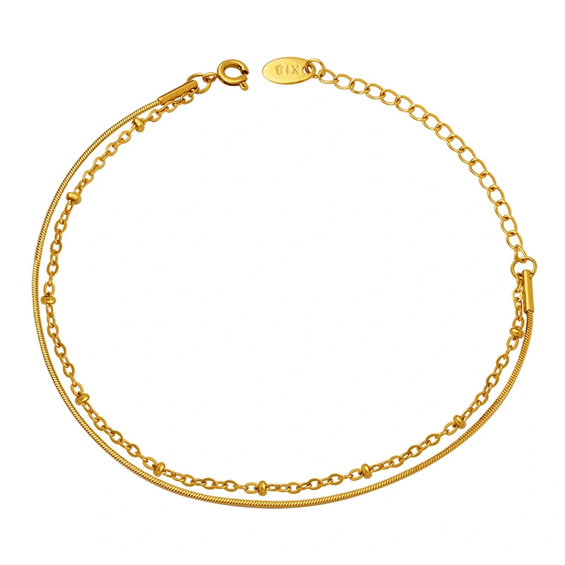 Polished Stainless Steel 18K Gold Rope Chain and Station Chain Double Bracelet