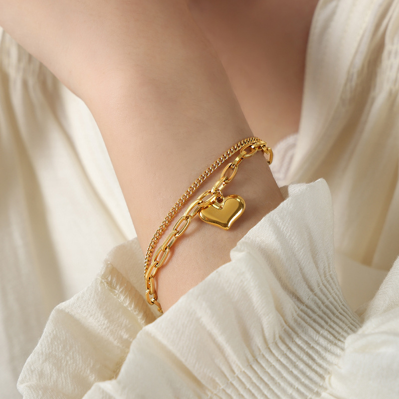 18K Baroque Double Layer Chain Love Charm Bracelet Stainless Steel