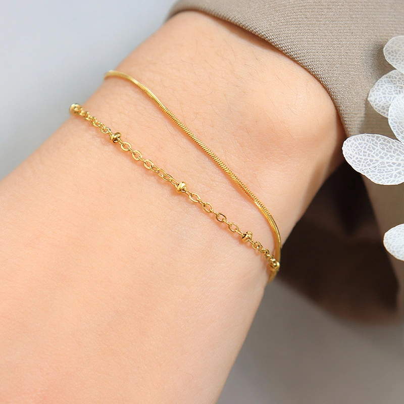 Polished Stainless Steel 18K Gold Rope Chain and Station Chain Double Bracelet