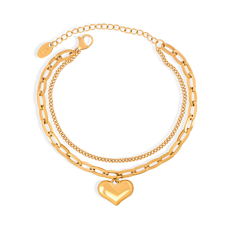18K Baroque Double Layer Chain Love Charm Bracelet Stainless Steel