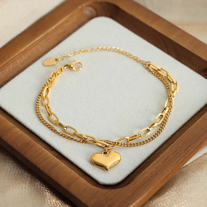 18K Baroque Double Layer Chain Love Charm Bracelet Stainless Steel