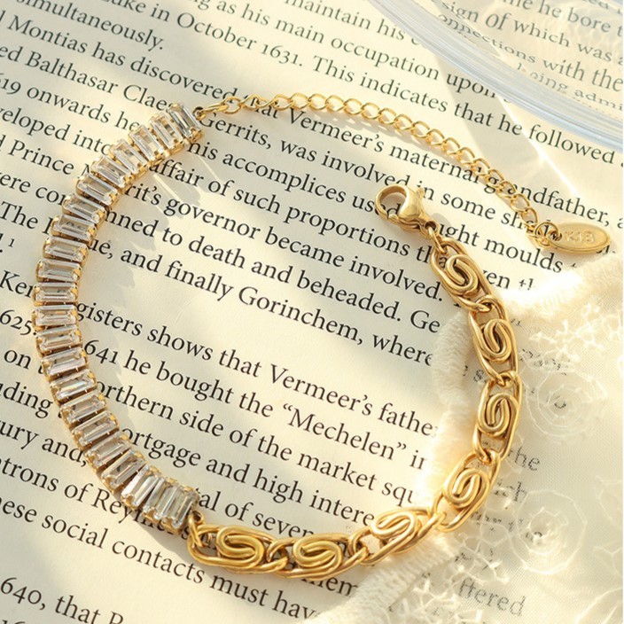 Hip Hop Cubic Zircon Patchwork Paperclip Bracelet 316L Stainless Steel Gold Plated