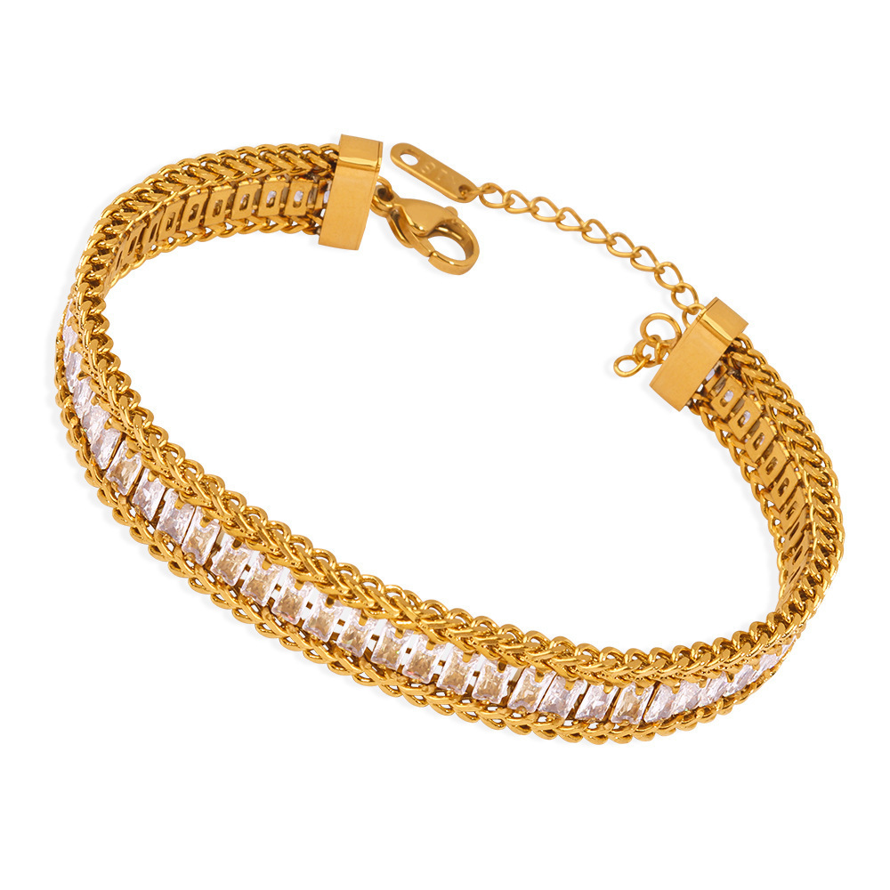 Gold Plated Curb Chain with White Zircons 316L Stainless Steel Bracelet