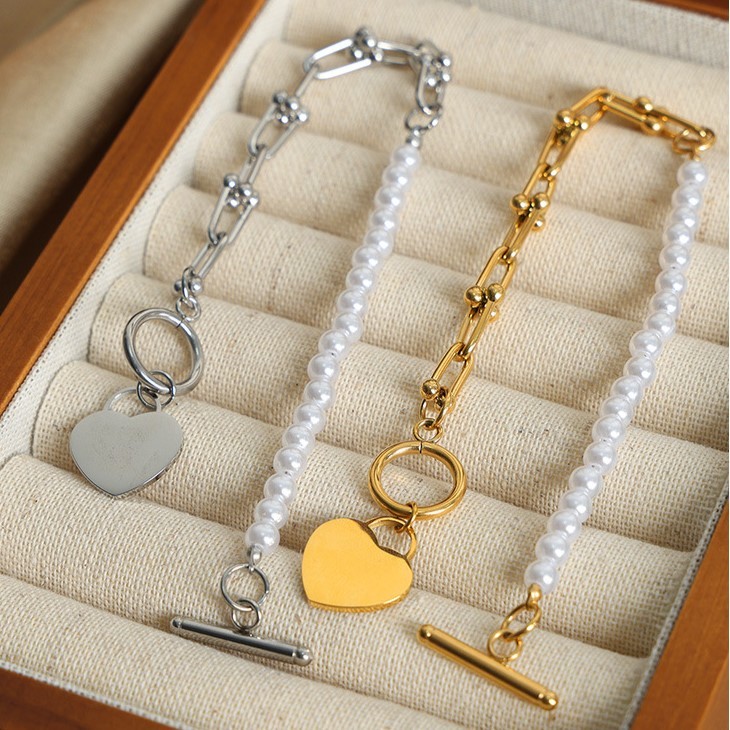Glossy Shell Bead Heart Pendant 18k Gold U-Chain Bracelet (color in gold or silver)