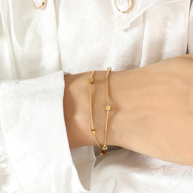 French Small Square & Gold Plated Snake  Chain Double Layers Bracelet