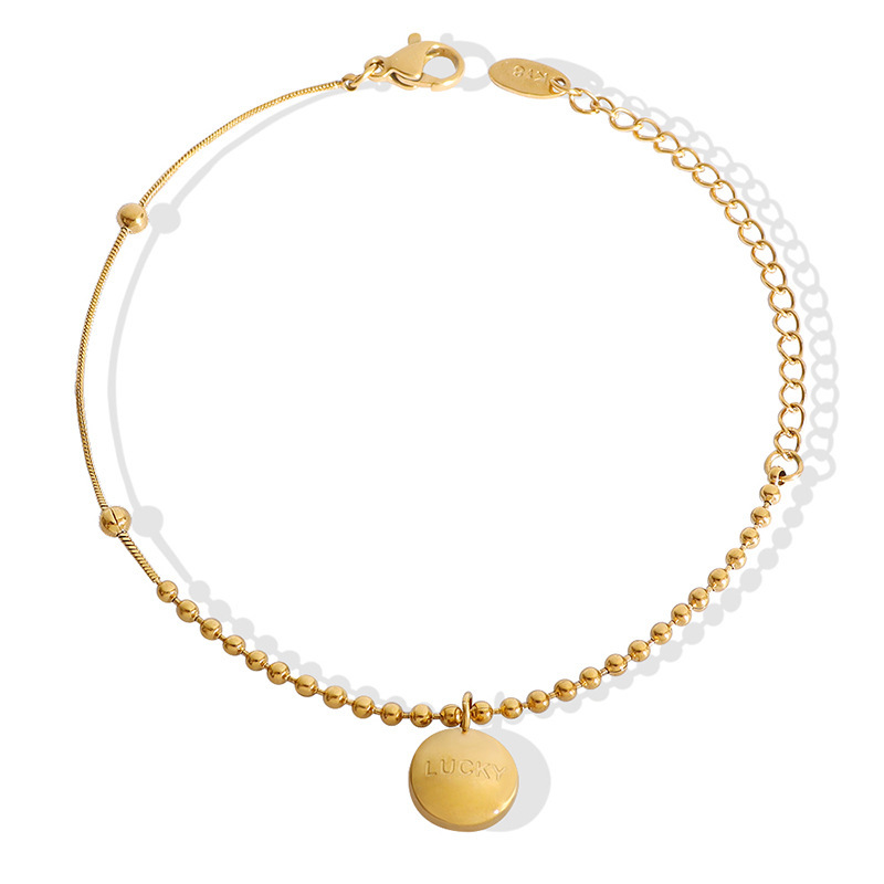 Carved Letter Round Pendant & Gold Plated Bead Patch Bracelet Stainless Steel