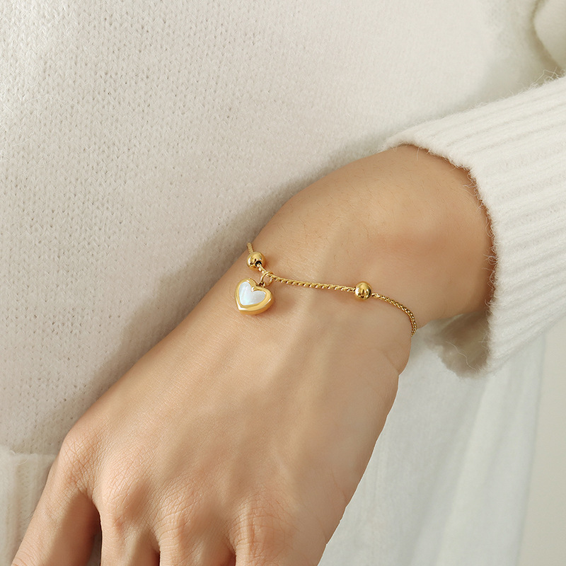 Sweet Peach Heart Shell Charm Sliding Bracelet Stainless Steel