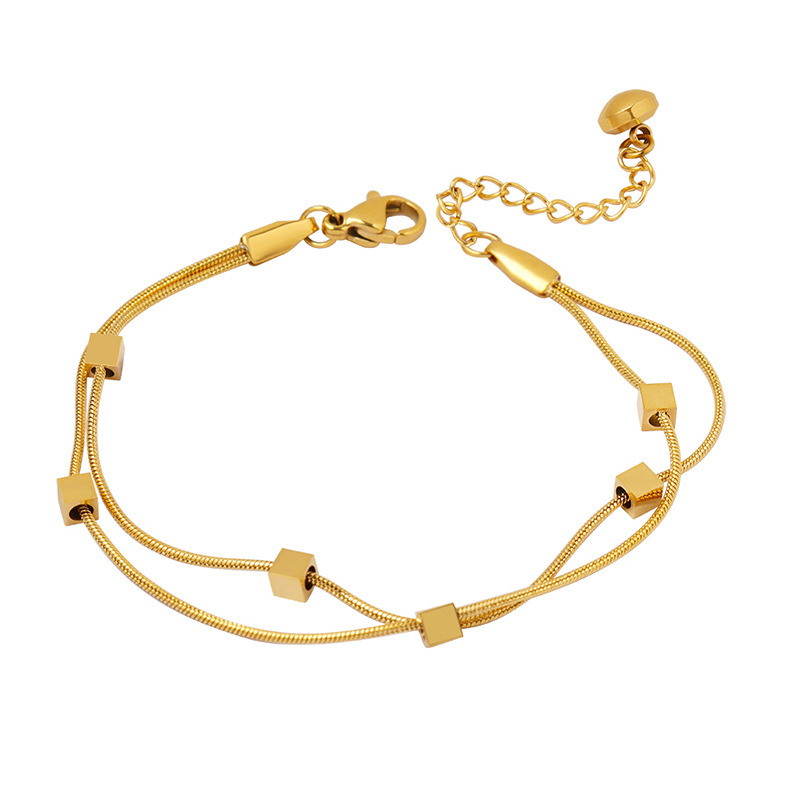 French Small Square & Gold Plated Snake  Chain Double Layers Bracelet