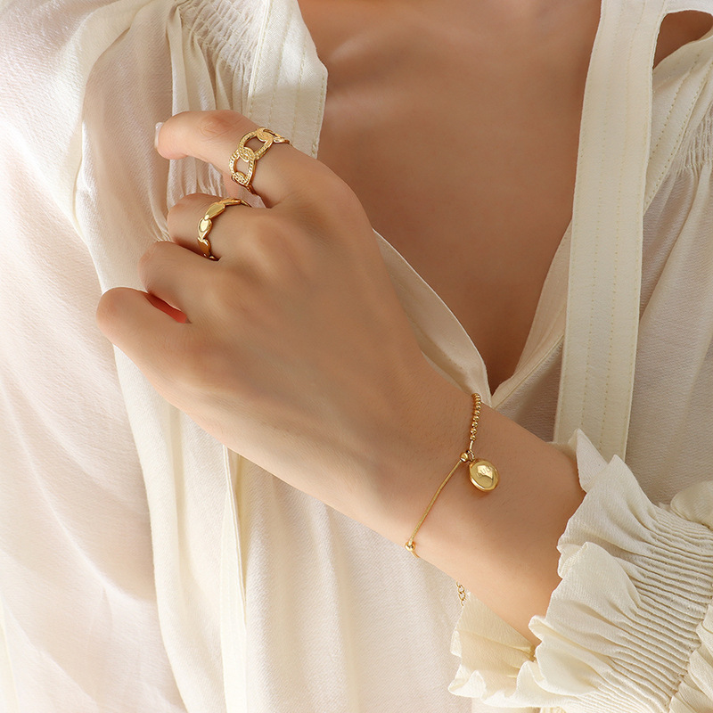 Carved Letter Round Pendant & Gold Plated Bead Patch Bracelet Stainless Steel