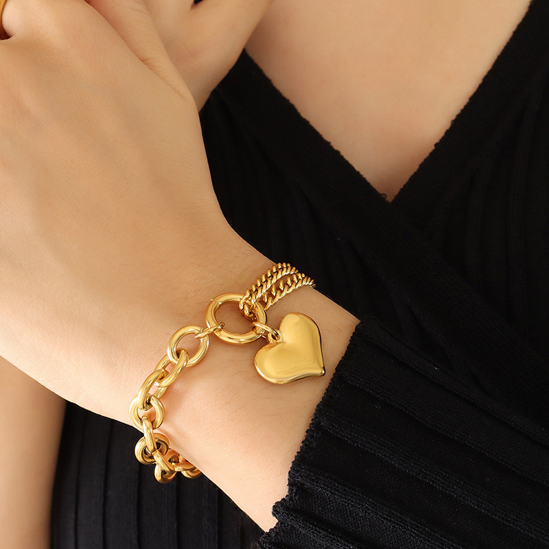 Bold Cuban Chain Spliced Chain Heart Bracelet Stainless Steel Gold Plated