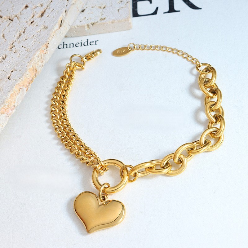 Bold Cuban Chain Spliced Chain Heart Bracelet Stainless Steel Gold Plated