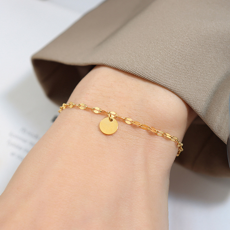 18K Gold Simple Stainless Steel Lip Chain with Round Charm Bracelet