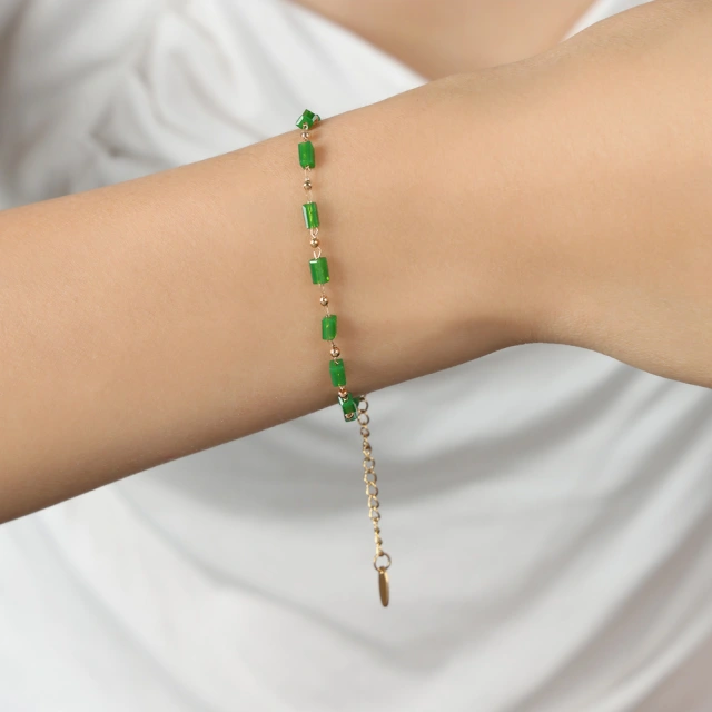 Emerald Beaded Clip Bead Chain Bracelet PVD Coated Stainless Steel