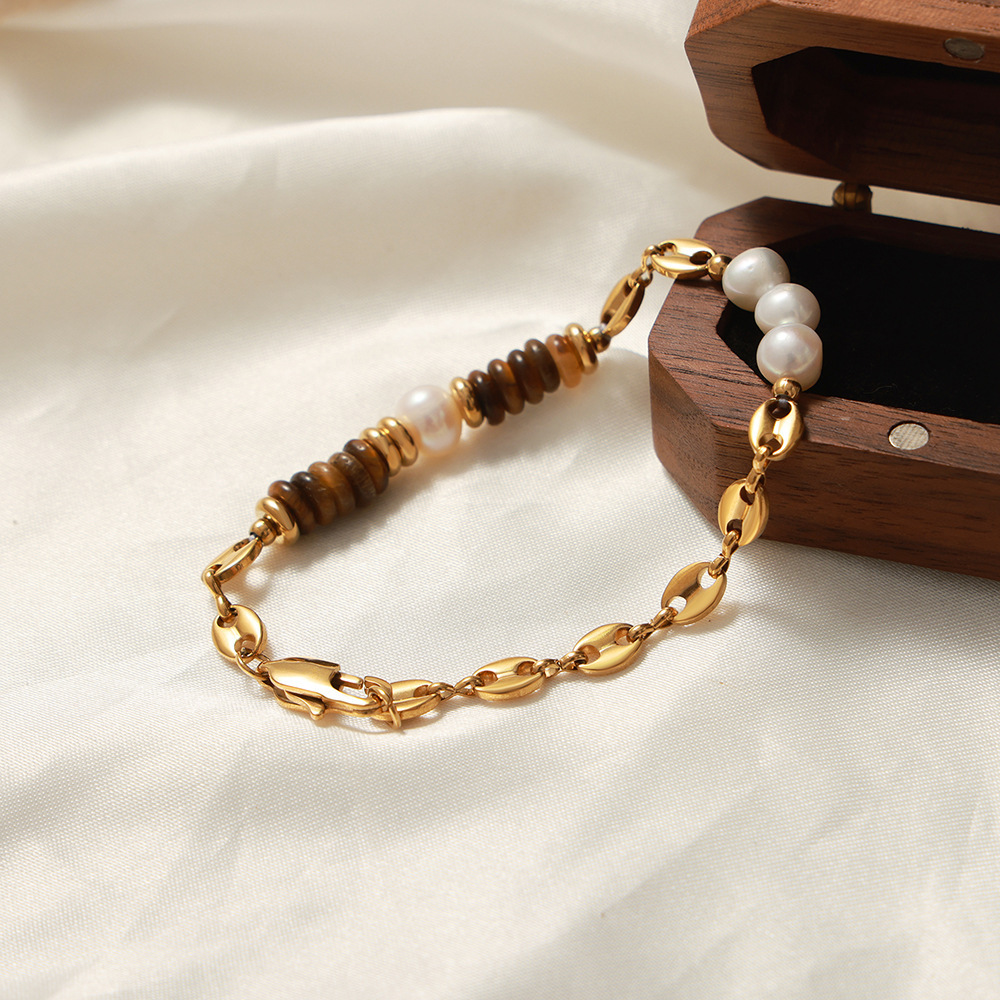 Stainless Steel Pig Nose Chain Bracelet with Tiger's Eye & Pearls