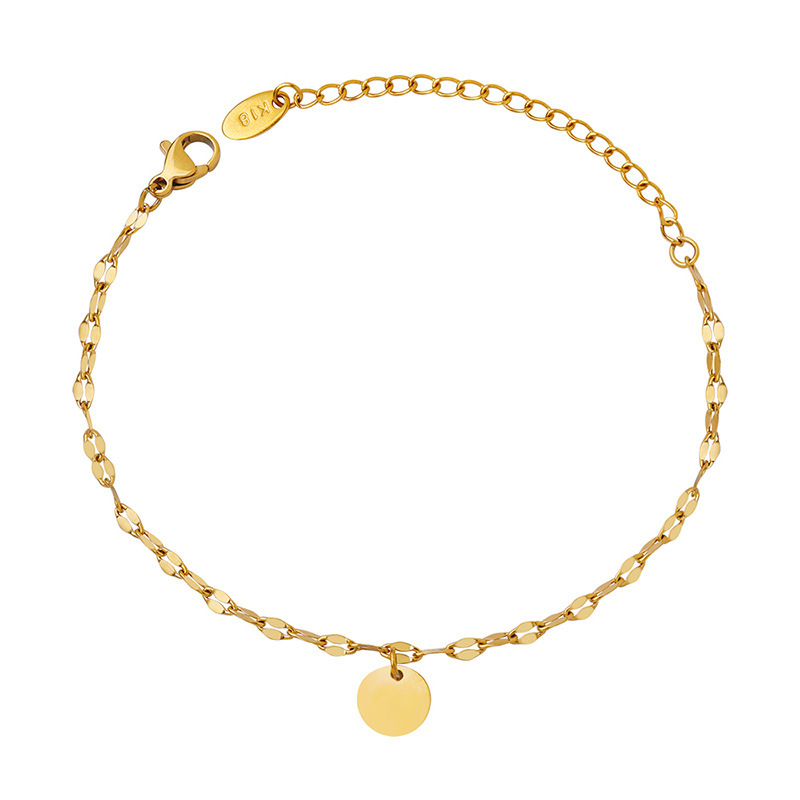 18K Gold Simple Stainless Steel Lip Chain with Round Charm Bracelet
