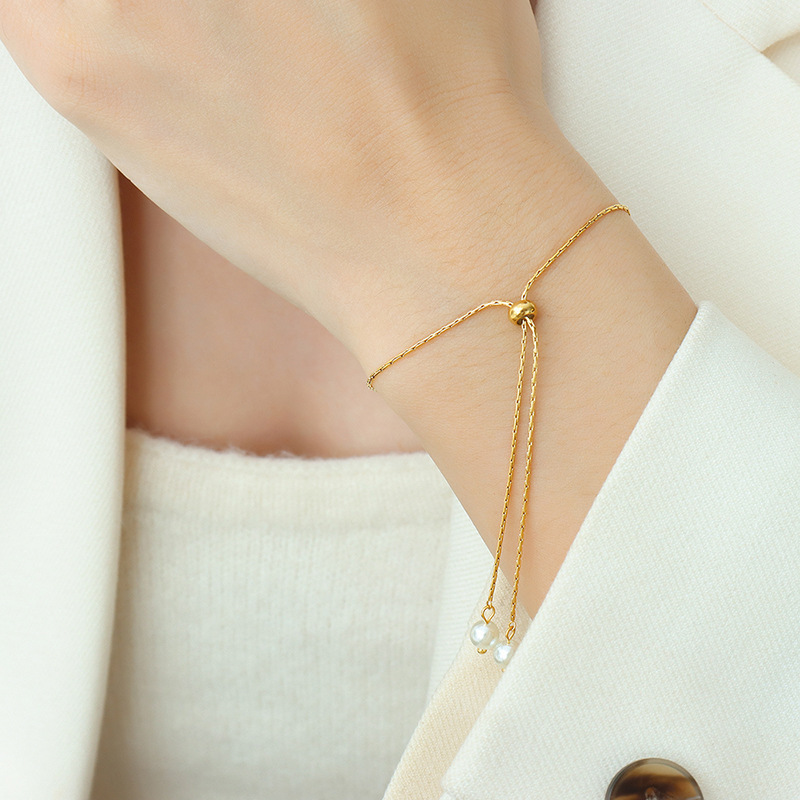 18K Gold Plated Bracelet Pearls Pull-Out Adjustable  in Stainless Steel