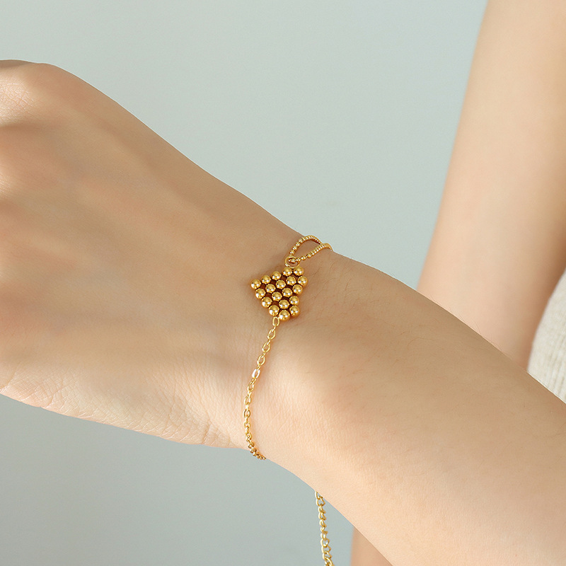 PVD Coated Double Chain Steel Beads Peach Heart Love Charm Bracelet Stainless Steel