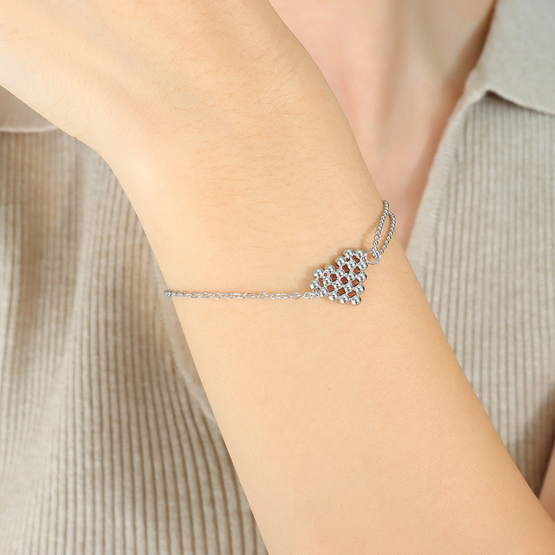 PVD Coated Double Chain Steel Beads Peach Heart Love Charm Bracelet Stainless Steel