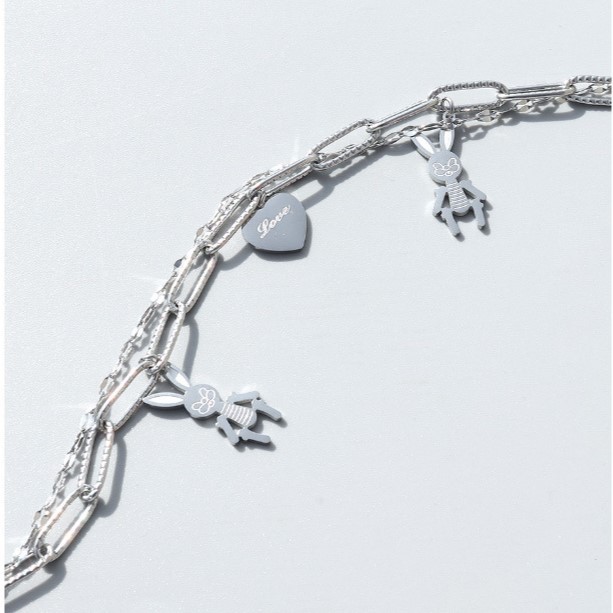 18K Gold Stainless Steel Double Stacked Rabbit Peach Heart Love Charm Bracelet