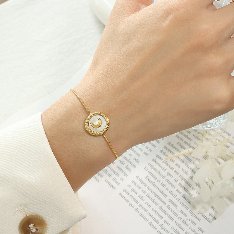 French Stainless Steel White Shell Crescent Moon Charm Bracelet Stainless Steel