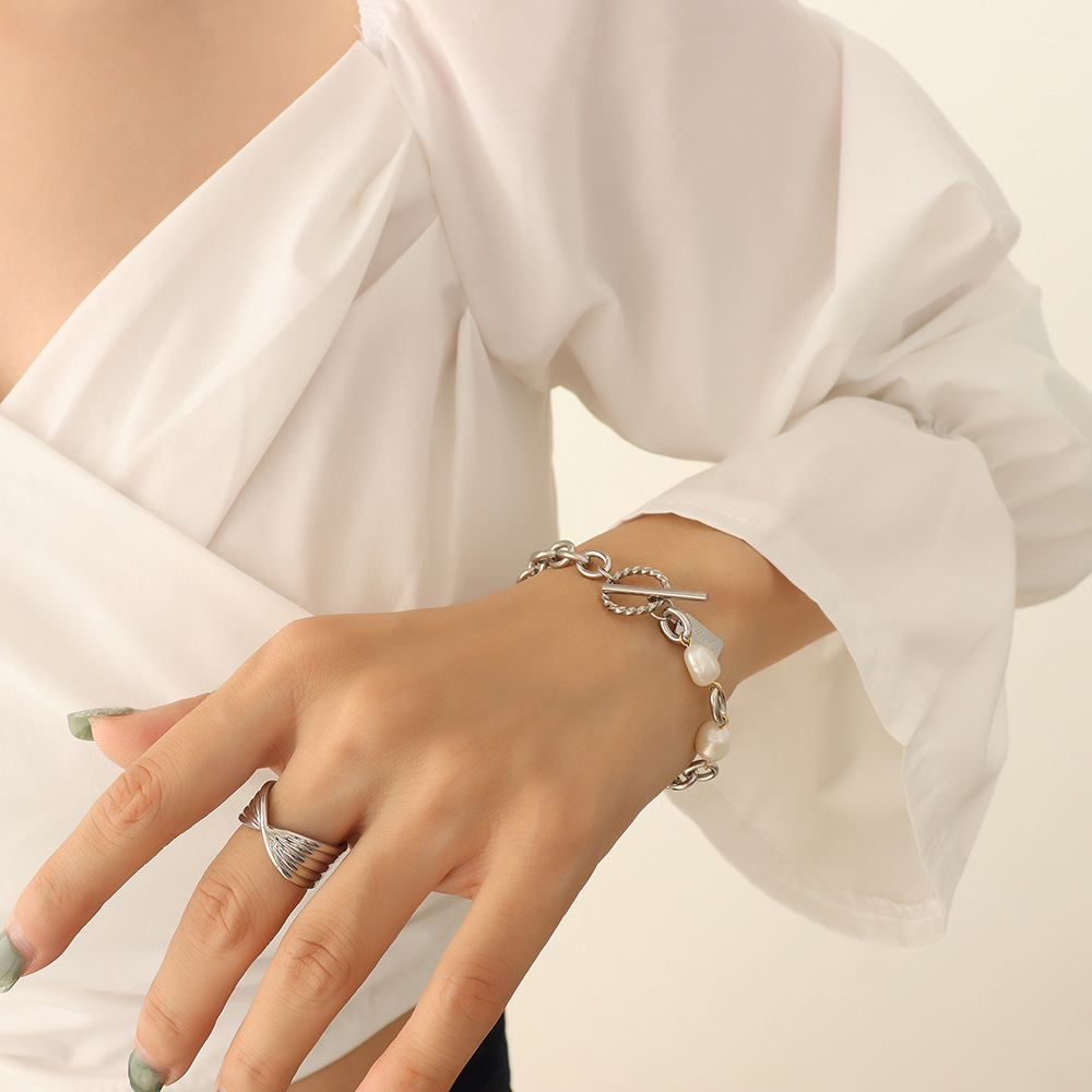 Geometric Square Plaque Simple Freshwater Pearl Christmas Bracelet Stainless Steel