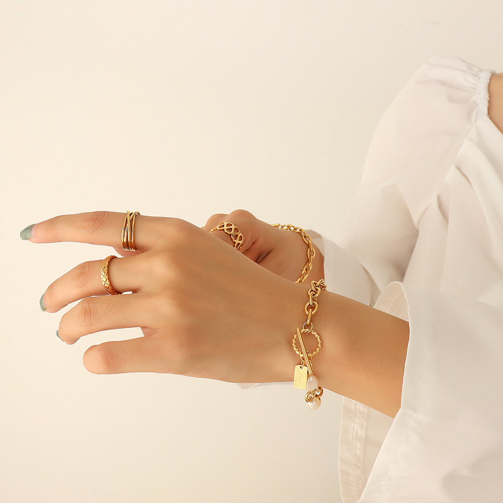 Geometric Square Plaque Simple Freshwater Pearl Christmas Bracelet Stainless Steel