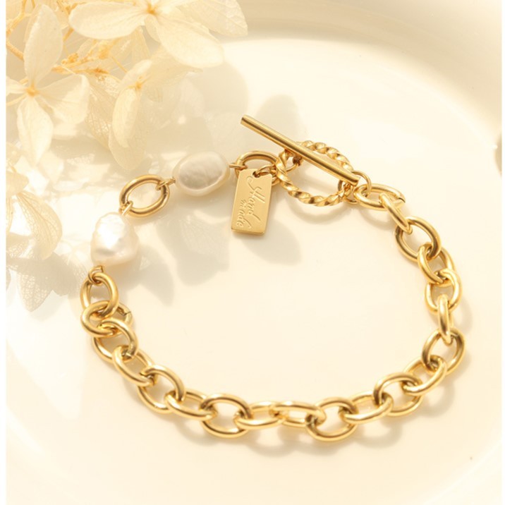 Geometric Square Plaque Simple Freshwater Pearl Christmas Bracelet Stainless Steel