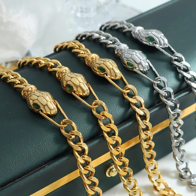 18K Personalised Snakehead Green Zirconia Cuban Chain Bracelet