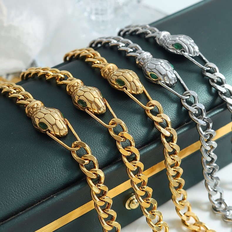 18K Personalised Snakehead Green Zirconia Cuban Chain Bracelet