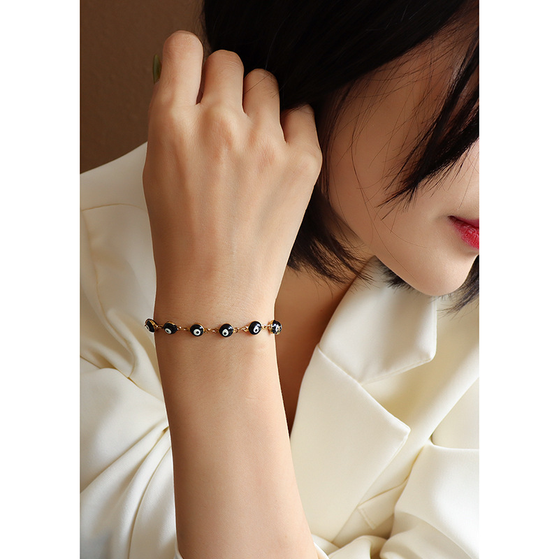 Devil's Eye Black Enamel Bracelet Stainless Steel Gold Plated