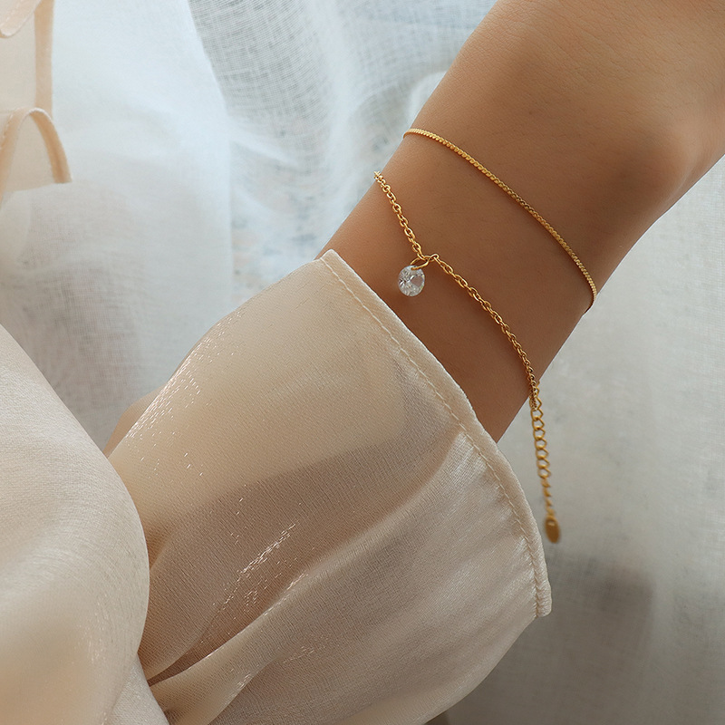 French Double Layer Bracelet with Zirconia Stainless Steel PVD Coating