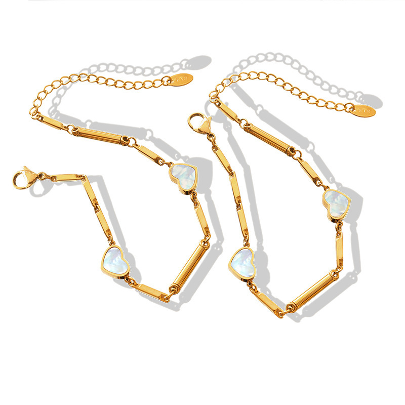 18K Gold Plated White Sea Shell Inlaid Peach Heart Pendant Bamboo Chain Bracelet Stainless Steel