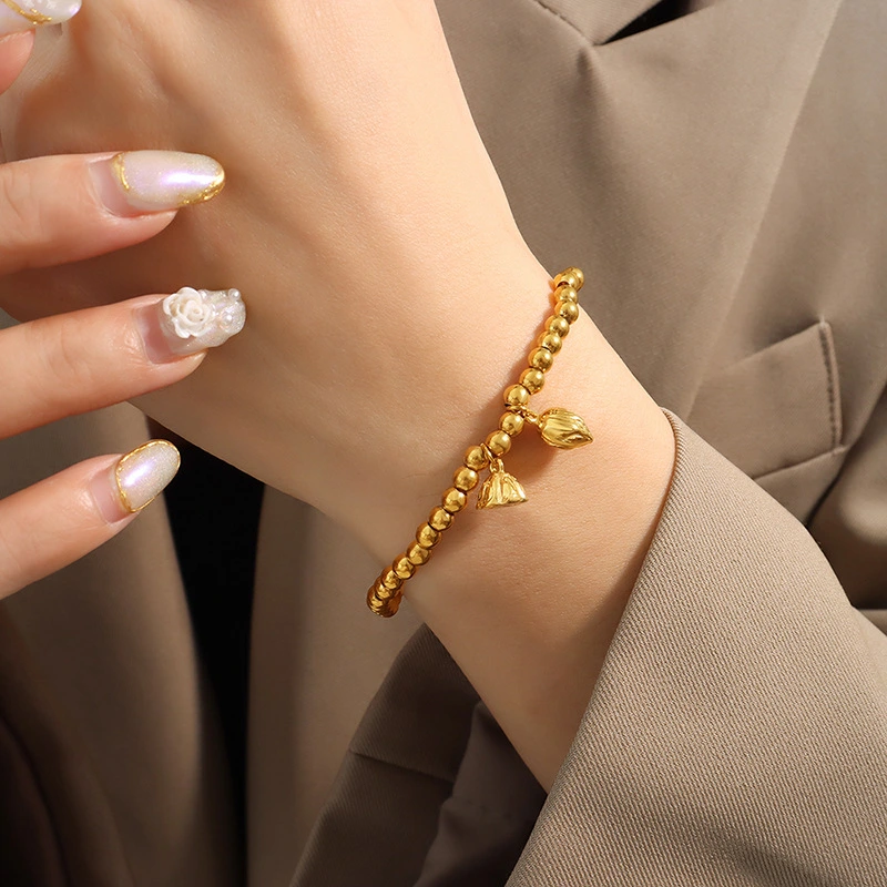18K Electroplate Bead Chain Ethnic Style Lotus Bracelet Stainless Steel